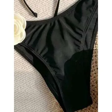 Falainetee Women's Floral Appliques Cute Bathing Suit High Waisted Colorblock Tie Back Swimsuit Bikini Set Black M