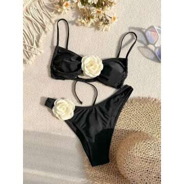 Falainetee Women's Floral Appliques Cute Bathing Suit High Waisted Colorblock Tie Back Swimsuit Bikini Set Black M