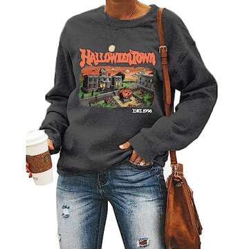 QIANRUO Halloween Town Est 1998 Sweatshirt Women Halloween Horror Spooky Graphic Tees Casual Fall Lo...