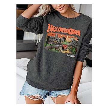 QIANRUO Halloween Town Est 1998 Sweatshirt Women Halloween Horror Spooky Graphic Tees Casual Fall Long Sleeve Pullover Tops (XL, Dark Gray)