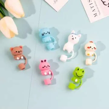 6Pcs Cute Animals Alpaca Straw Covers Cap for 30&40 Oz Stanley Cups, Silicone Straw Toppers Cap for All 9-10mm Drinking Straws