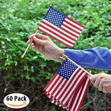 Hand Held American Flags on Sticks 60-Pack 4”x6” Made in USA, Sold by Vets, American Quality, Vivid Colors, Rain Proof, Kid-Safe Spear Top. Perfect for Parades, Scout Troops, Returning Servicemen