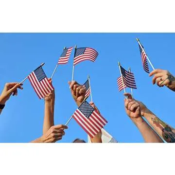 Hand Held American Flags on Sticks 60-Pack 4”x6” Made in USA, Sold by Vets, American Quality, Vivid Colors, Rain Proof, Kid-Safe Spear Top. Perfect for Parades, Scout Troops, Returning Servicemen