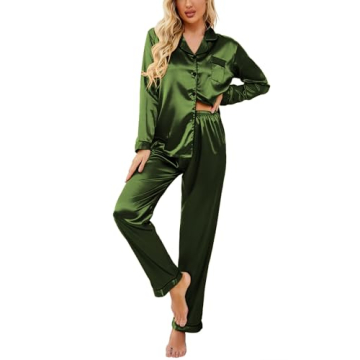 Ekouaer Women's Classic Army Green Silk Pajama Set - Comfortable & Stylish