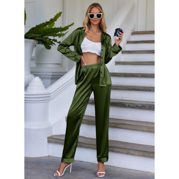 Ekouaer Women's Army Green Silk Pajama Set for Comfort