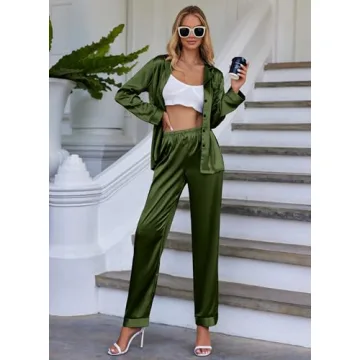 Ekouaer Women's Army Green Silk Pajama Set for Comfort