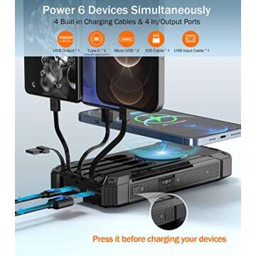 GOODaaa Power Bank Wireless Charger 36000mAh Built in 4 Cables Six Outputs 15W Fast Charging Power B...