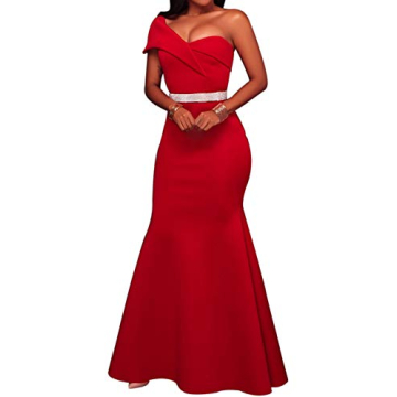 SEBOWEL Woman Formal Backless One Shoulder Flounce Party Wedding Maxi Dress Gown Red M