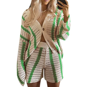 Gihuo Women' s Y2K 2 Piece Knit Outfits Striped Sweater Shorts Set Color Block Long Sleeve Button Up Shirts Shorts(Green-M)