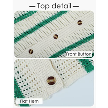 Gihuo Women' s Y2K 2 Piece Knit Outfits Striped Sweater Shorts Set Color Block Long Sleeve Button Up Shirts Shorts(Green-M)