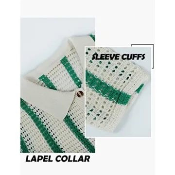 Gihuo Women' s Y2K 2 Piece Knit Outfits Striped Sweater Shorts Set Color Block Long Sleeve Button Up Shirts Shorts(Green-M)