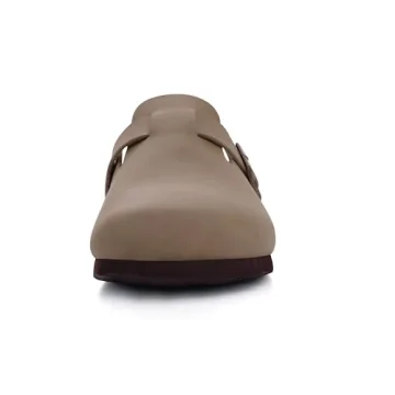 KIDMI Women's Cork Footbed Clogs Leather Mules Comfort Potato Shoes with Arch Support, Taupe, Size 7.5-8