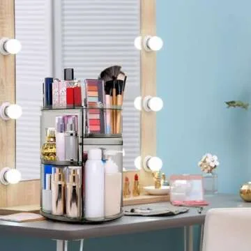 sanipoe 360 Rotating Makeup Organizer, Spinning Skincare Organizer,Cosmetic Display Case with Brush Holder Perfume Tray, Multi-Function Storage Carousel for Vanity Bathroom Countertop