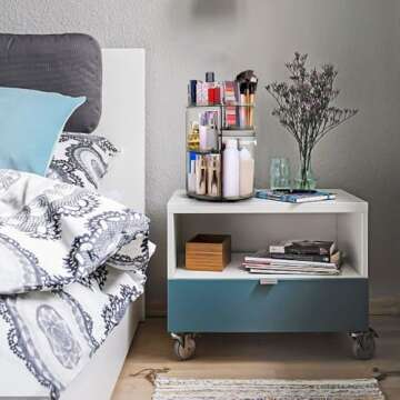 sanipoe 360 Rotating Makeup Organizer, Spinning Skincare Organizer,Cosmetic Display Case with Brush Holder Perfume Tray, Multi-Function Storage Carousel for Vanity Bathroom Countertop