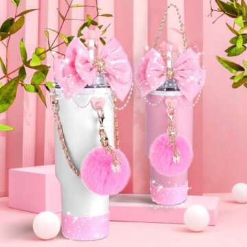 Mity rain Bling Cup Accessories for Stanley Cup 20oz & 30oz 40oz Tumbler with Handle, including Bow Straw Topper Cover, Straw Bow Decorate, Leather Water Bottle Handle Strap, Boot, Cup Pom-Pom