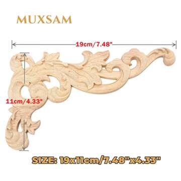 MUXSAM Wood Carved Appliques Onlays, 1-Pair Unpainted Wooden Carvings Decal Corner Decorative Plaques for Wall Cabinet Cupboard Mirrors Fireplace Closet Dresser Doors DIY Project, 19x11cm/7.48"x4.33"