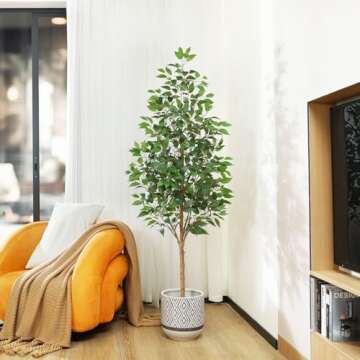 OAKRED Artificial Ficus Tree, 6FT Fake Tree with Natural Wood Trunk, Fluffy Faux Tree, Fake Silk Plant for Home Decor Indoor Office Porch, Set of 1