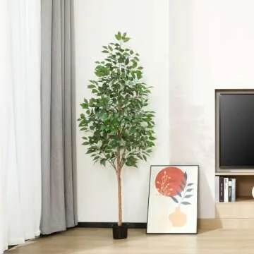 OAKRED Artificial Ficus Tree, 6FT Fake Tree with Natural Wood Trunk, Fluffy Faux Tree, Fake Silk Plant for Home Decor Indoor Office Porch, Set of 1