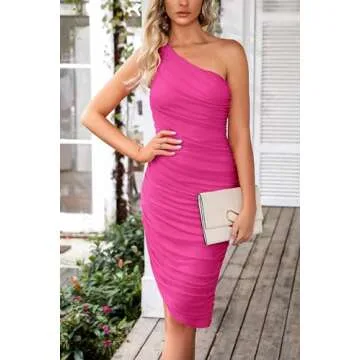 PRETTYGARDEN Women's Ruched Bodycon Dress 2024 Summer One Shoulder Sleeveless Party Cocktail Pencil Dresses (Rose Red,Medium)