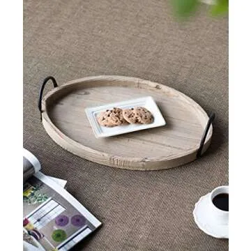 A&B Home Decorative Serving Tray Set of 2 Oval Wood Trays with Metal Handles