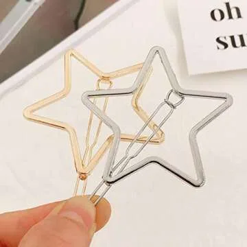 MIAO JIN 8 Pcs Exquisite Hollow Star Shape Hair Clips Hair Pins for Women's and Girls (Gold, Sliver)