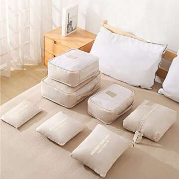 Fxkoolr 7 Set Packing Cubes, Packing Organizers Travel Foldable Luggage Organizers Storage Bag Accessories for Suitcase with Laundry Bag & Shoe Bag, Beige