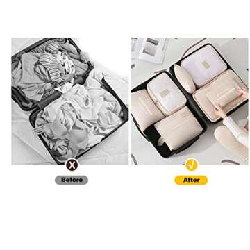 Fxkoolr 7 Set Packing Cubes, Packing Organizers Travel Foldable Luggage Organizers Storage Bag Accessories for Suitcase with Laundry Bag & Shoe Bag, Beige
