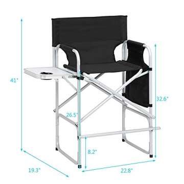 ABACAD Tall Director Chair Foldable Wide Body, Portable Makeup Artist Chair Bar Height, Outdoors Folding Chair with Side Table Storage Bag Foot Rest, Black