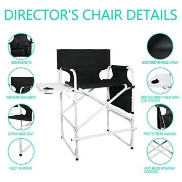 ABACAD Tall Director Chair Foldable Wide Body, Portable Makeup Artist Chair Bar Height, Outdoors Folding Chair with Side Table Storage Bag Foot Rest, Black