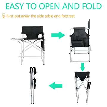 ABACAD Tall Director Chair Foldable Wide Body, Portable Makeup Artist Chair Bar Height, Outdoors Folding Chair with Side Table Storage Bag Foot Rest, Black