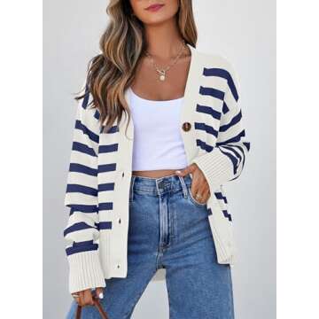 EVALESS Womens Striped Cardigan Sweaters Fashion 2024 Fall Winter Long Sleeve V Neck Lightweight Car...