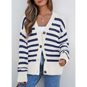 EVALESS Womens Striped Cardigan Sweaters Fashion 2024 Fall Winter Long Sleeve V Neck Lightweight Cardigans Open Front Button Down Knit Sweater Tops Blue Stripe Medium