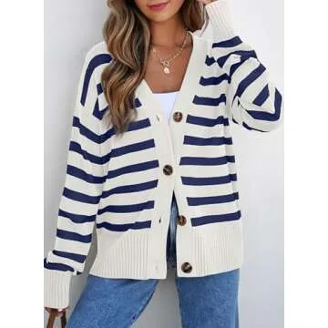 EVALESS Womens Striped Cardigan Sweaters Fashion 2024 Fall Winter Long Sleeve V Neck Lightweight Cardigans Open Front Button Down Knit Sweater Tops Blue Stripe Medium