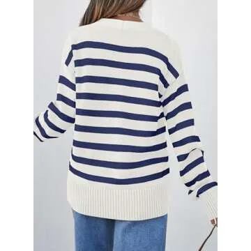 EVALESS Womens Striped Cardigan Sweaters Fashion 2024 Fall Winter Long Sleeve V Neck Lightweight Cardigans Open Front Button Down Knit Sweater Tops Blue Stripe Medium