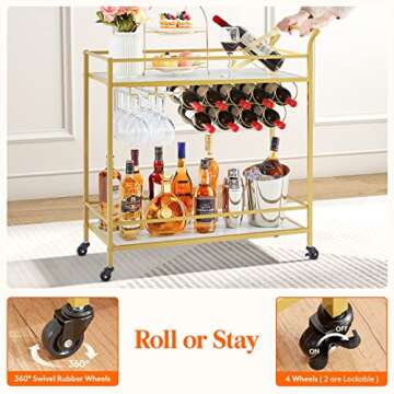 Lifewit Bar Cart, Home Bar Serving Cart, 2 Tier Drink Cart with 9 Wine Bottle Racks, Liquor Beverage Cart for Kitchen Dining Living Room Outdoor, 31.5" x 13" x 34.6", Gold