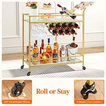 Lifewit Bar Cart, Home Bar Serving Cart, 2 Tier Drink Cart with 9 Wine Bottle Racks, Liquor Beverage Cart for Kitchen Dining Living Room Outdoor, 31.5" x 13" x 34.6", Gold