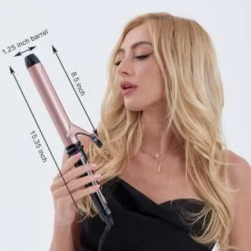 Lanvier 1.25 Inch Clipped Curling Iron with Extra Long Tourmaline Ceramic Barrel, Professional Hair Curler up to 450°F Dual Voltage for Traveling, Hair Waving Style Tool for Girls & Women-Rose Gold