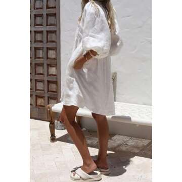 chouyatou Women's Summer Puff Sleeve Cotton Tunic Dress V-Neck Mini Vacation Babydoll Dress (X-Small...