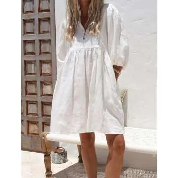 chouyatou Women's Summer Puff Sleeve Cotton Tunic Dress V-Neck Mini Vacation Babydoll Dress (X-Small, White)