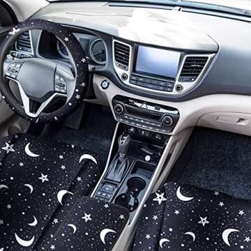 Frienda 15 Pieces Moon and Stars Car Seat Cover Full Set for Women Men Upgrade Thick Front Covers Universal Steering Wheel Separate Headrest Belt Pads Auto Truck (Star Pattern)