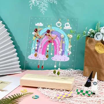 PH PandaHall 120 Holes Earring Holder, Rainbow Earring Display Stands with Wooden Base Acrylic Earring Hanger Board Stud Earring Stand Organizer Jewelry Rack Display, 3.1x8x10 Inch
