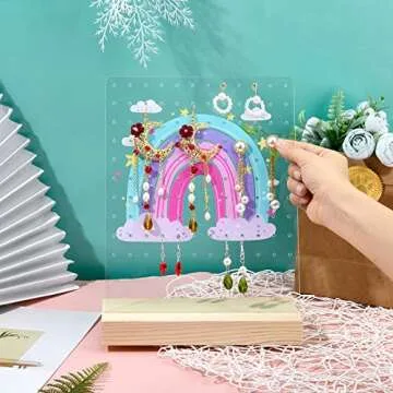 PH PandaHall 120 Holes Earring Holder, Rainbow Earring Display Stands with Wooden Base Acrylic Earring Hanger Board Stud Earring Stand Organizer Jewelry Rack Display, 3.1x8x10 Inch