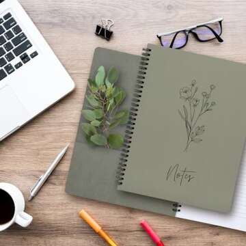 Aesthetic Spiral Notebook Journal For Women - Cute Dark Green 10.5" x 8.5" College Ruled Notebook With Large Pockets And Lined Pages - Perfect to Stay Organized and Boost Productivity at Work or
