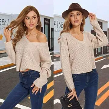 Jumppmile V Neck Crop Waffle Knit Sweater for Women - Beige