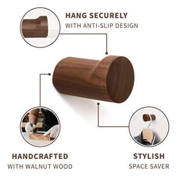 NAUMOO Natural Wooden Wall Mounted Hooks - Pack of 4 - Modern - Handmade Decorative Wood Pegs Minimalist for Hanging Hat, Coats (Black Walnut Wood)