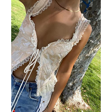 Elegant Lace Trim V Neck Cami Vintage Crop Top Women