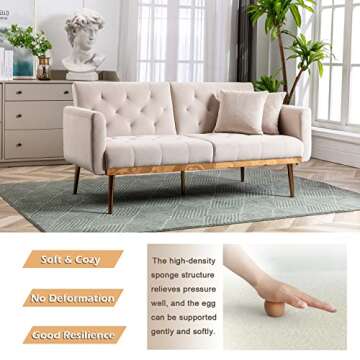 Antetek Velvet Futon Sofa Bed with 3 Adjustable Positions, Small Sleeper Sofa Loveseat with 2 Decorative Pillows, Modern Upholstered Convertible Couch with 5 Metal Tapered Legs (Beige)