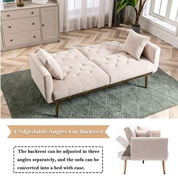 Antetek Velvet Futon Sofa Bed with 3 Adjustable Positions, Small Sleeper Sofa Loveseat with 2 Decorative Pillows, Modern Upholstered Convertible Couch with 5 Metal Tapered Legs (Beige)