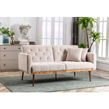 Antetek Velvet Futon Sofa Bed with 3 Adjustable Positions, Small Sleeper Sofa Loveseat with 2 Decorative Pillows, Modern Upholstered Convertible Couch with 5 Metal Tapered Legs (Beige)