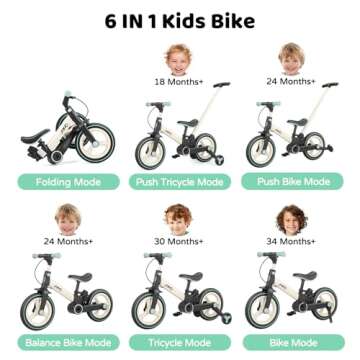 JMMD Toddler Bike with Push Handle for Kids 18-60 Months, 6 in 1 Foldable Push Bike with Training Wh...
